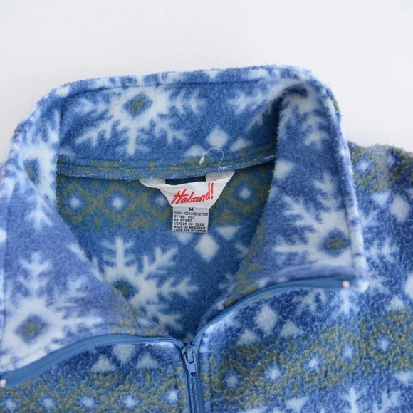 Vintage Haband! Blue & Green Snowflake Fleece Collared Sweater - Picture 7 of 12